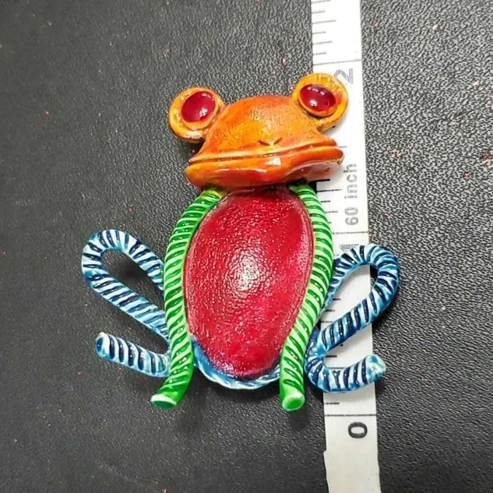 Hollycraft vintage collector yarn frog brooch colorful silver tone